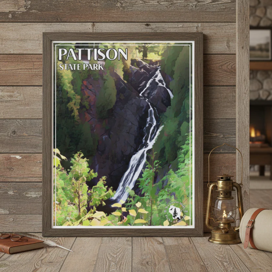 Framed Patterson State Park poster depicting a waterfall against a rustic wood background with decorative elements.