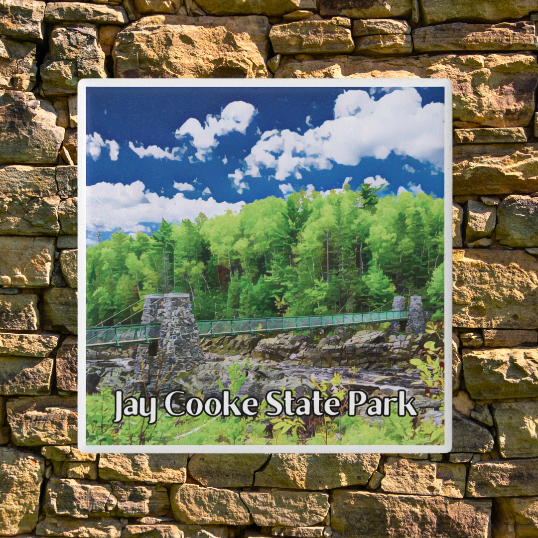 Coaster of Jay Cooke State Park with a bridge and trees on a stone wall background