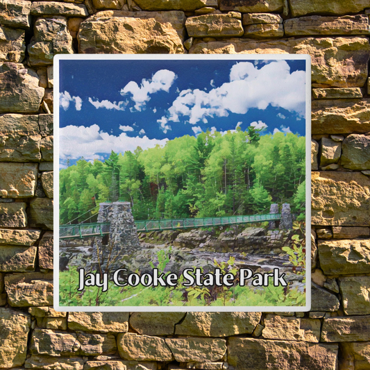 Coaster of Jay Cooke State Park with a bridge and trees on a stone wall background