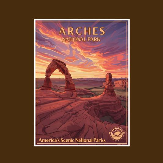 Poster of Arches National Park with a sunset over rock formations.