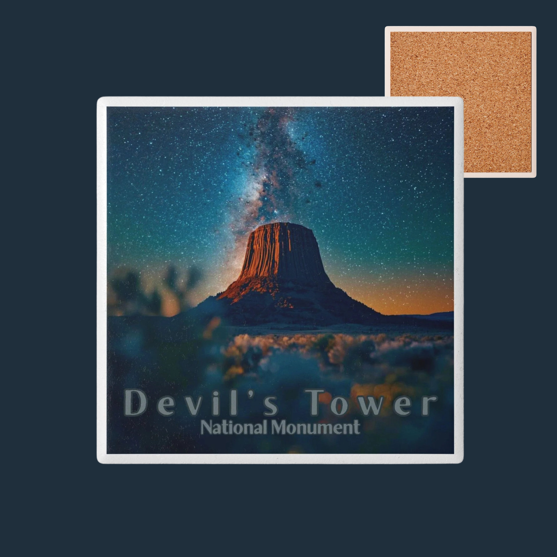 Ceramic coaster featuring design of Devils Tower, national monument and a starry sky on a blue background