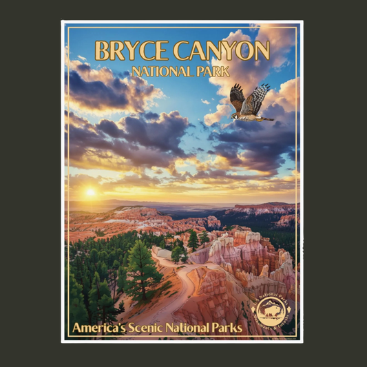Poster of Bryce Canyon National Park with a bird flying over the landscape.