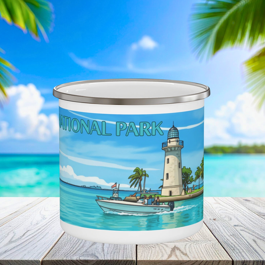 Enamal mug with a lighthouse design on a beach background