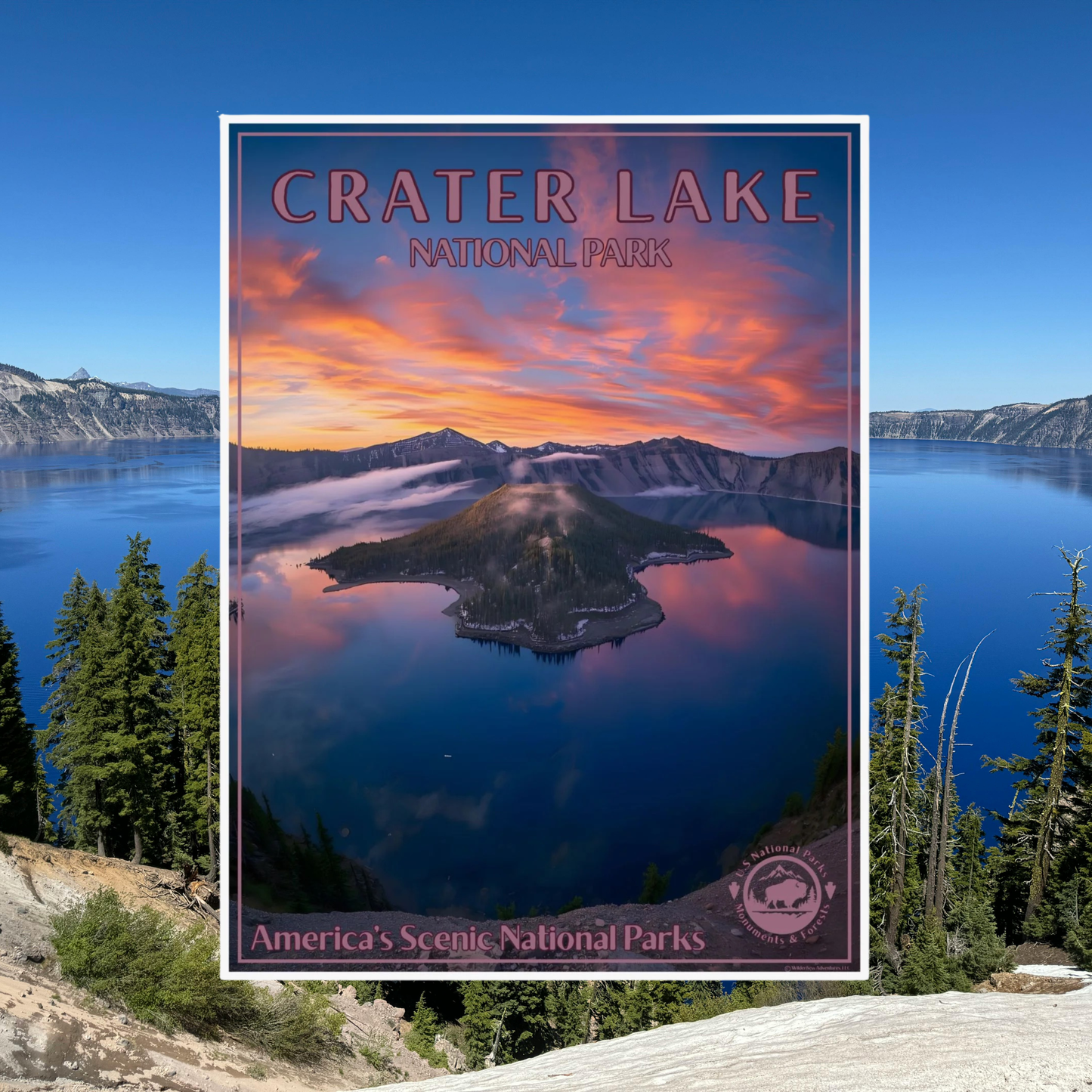 Poster of Crater Lake National Park with a scenic view of the lake and mountains.