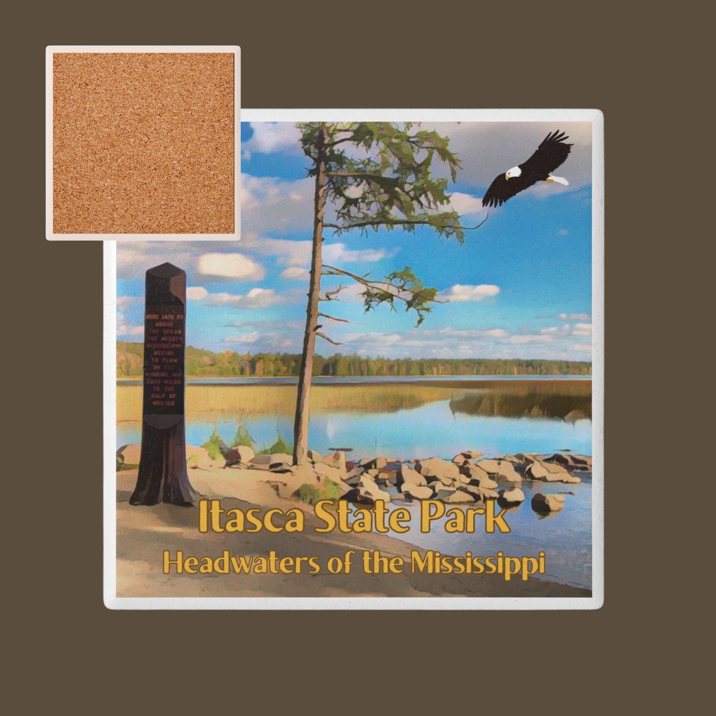 Decorative ceramic coaster with Itasca State Park illustration featuring a lake and eagle.