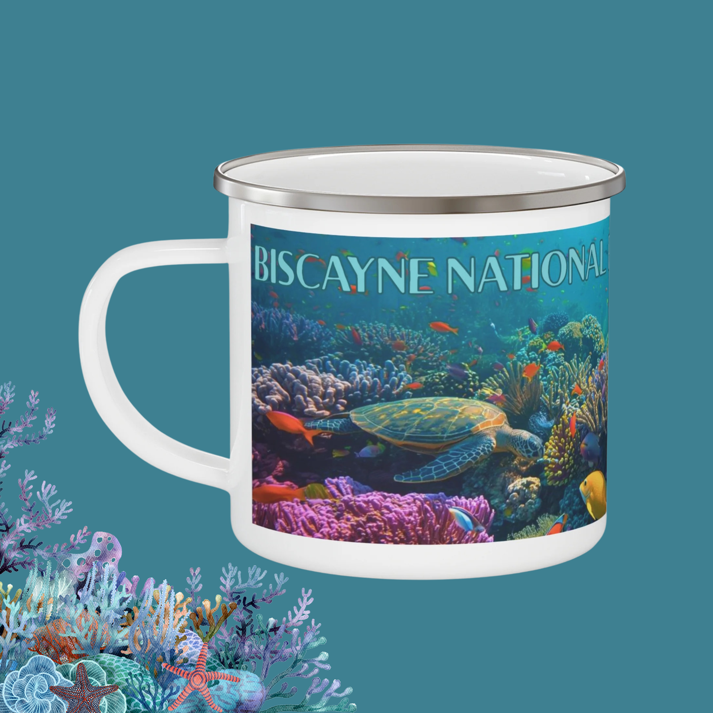 Mug with Biscayne National Park design featuring a turtle and coral on a teal background