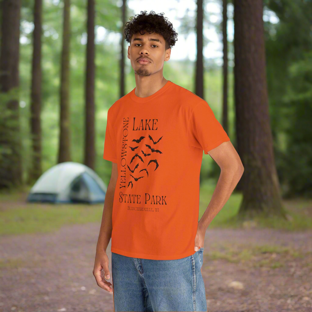 Yellowstone Lake bat design tee shirt front.