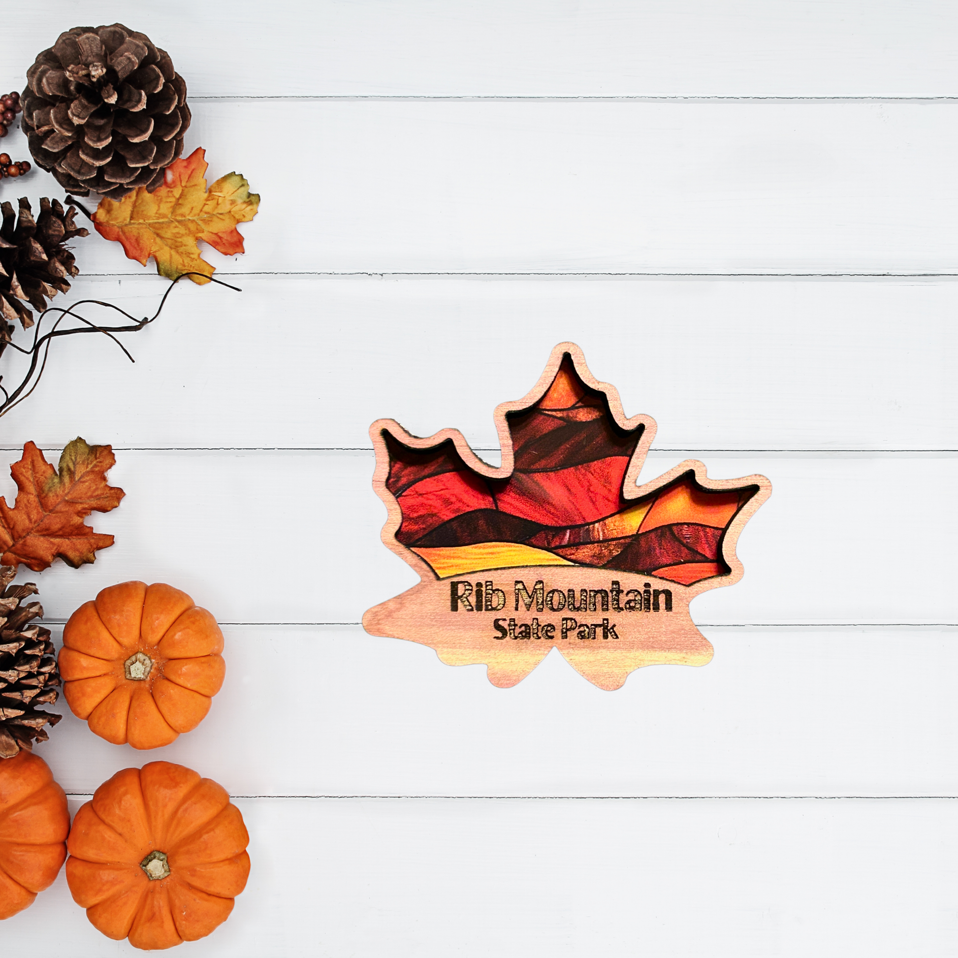 Cedar magnet in the shape of a maple leaf with a stained glass appearance and the Text “Rib Mountain State Park.”  Photo background: pumpkins, pinecones and leaves.