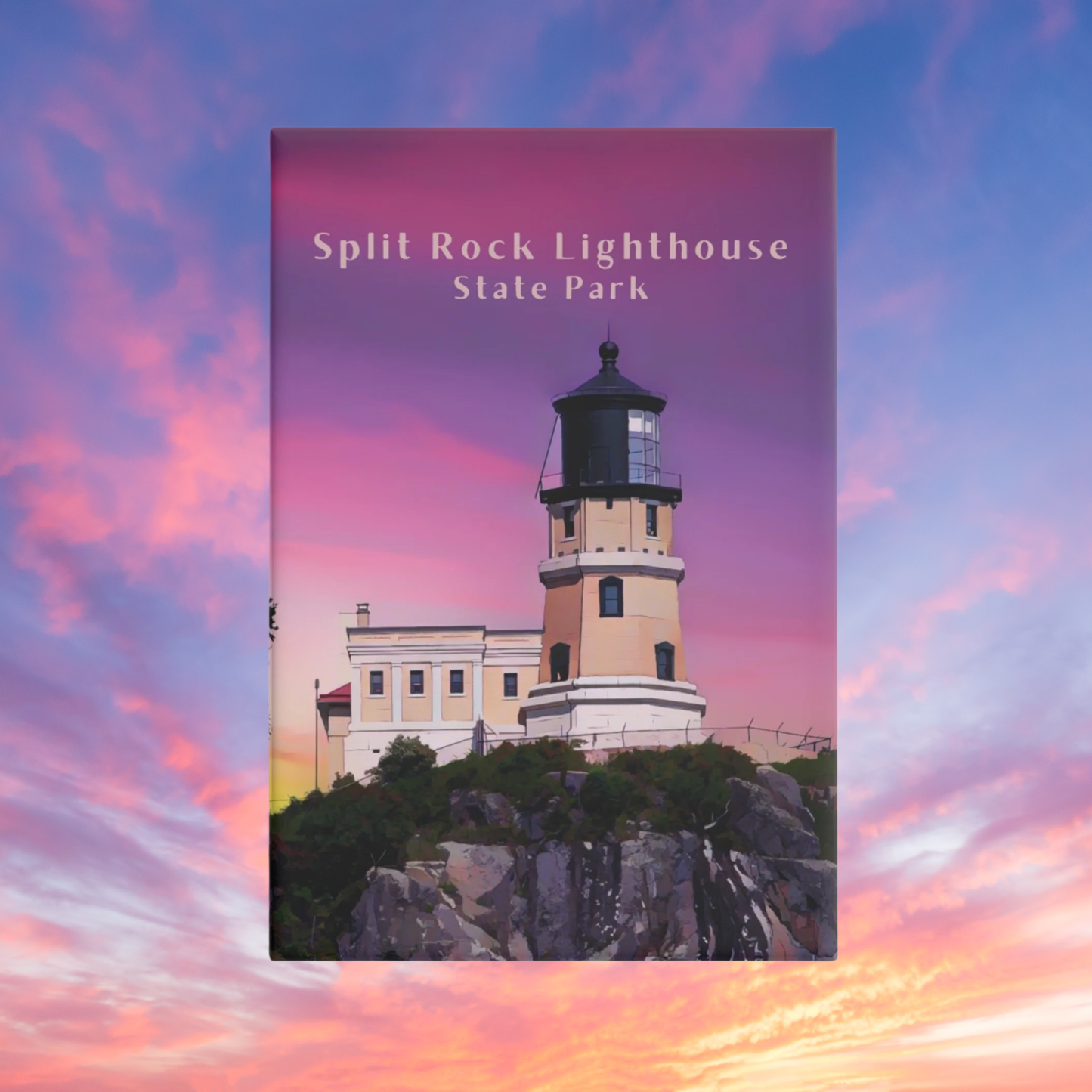 Magnet of Split Rock Lighthouse State Park with a lighthouse on a colorful sky background