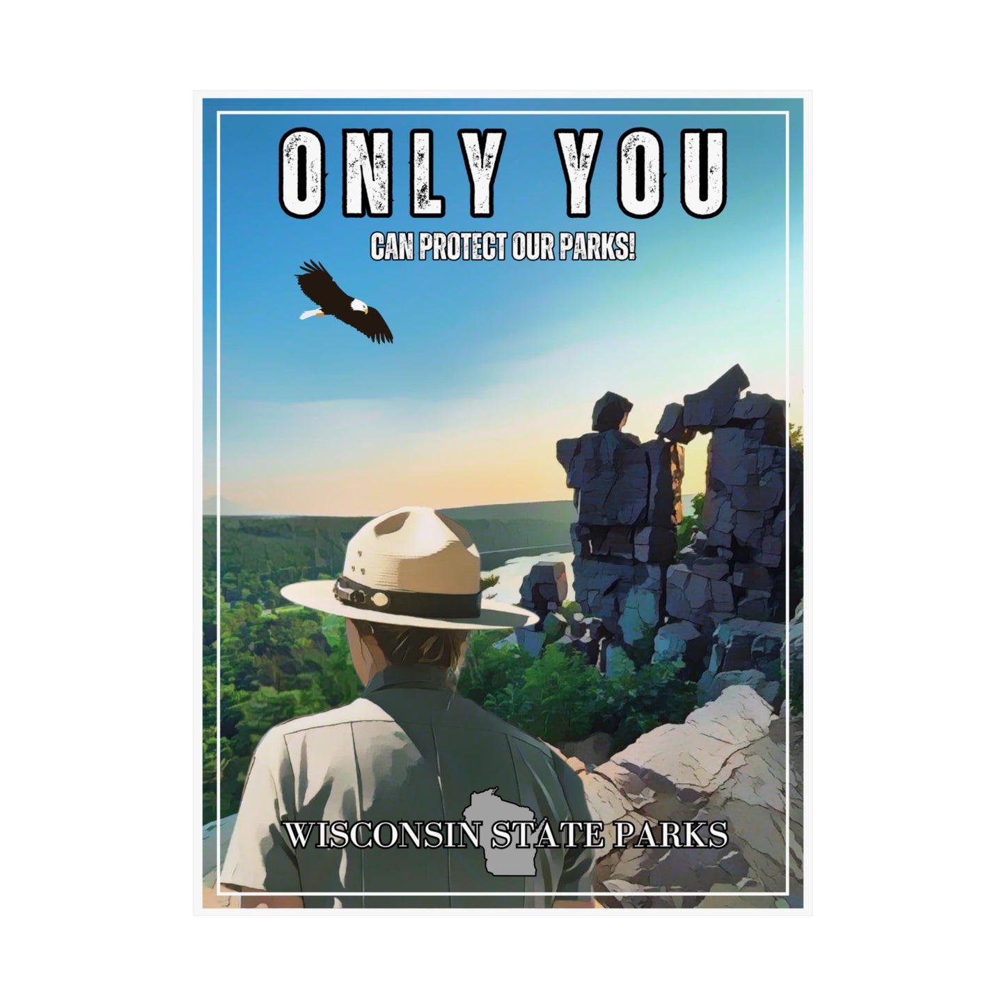CCC inspired poster depicting a ranger looking out over Devils Lake State Park.