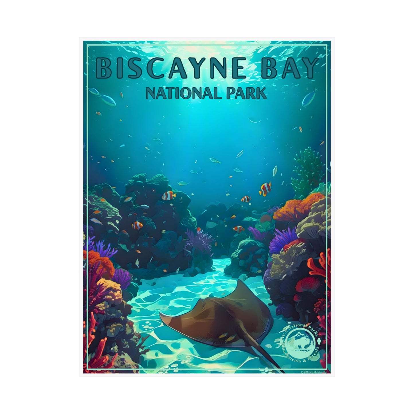 18x24” Poster of Biscayne Bay National Park with an underwater scene, stingray, and colorful coral.