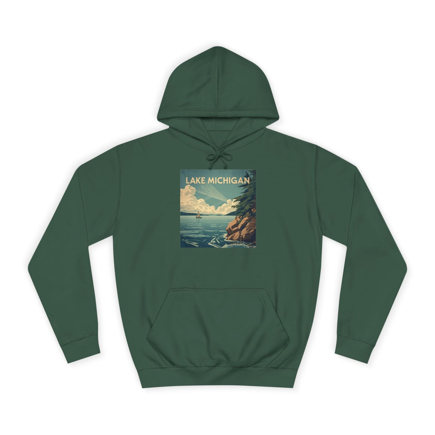 Bottle Green hoodie with Lake Michigan graphic on a white background