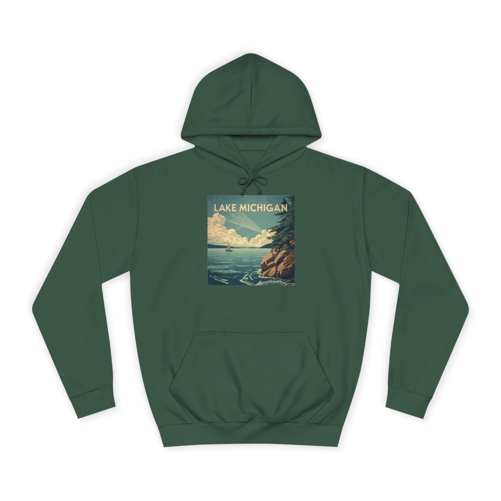 Bottle Green hoodie with Lake Michigan graphic on a white background