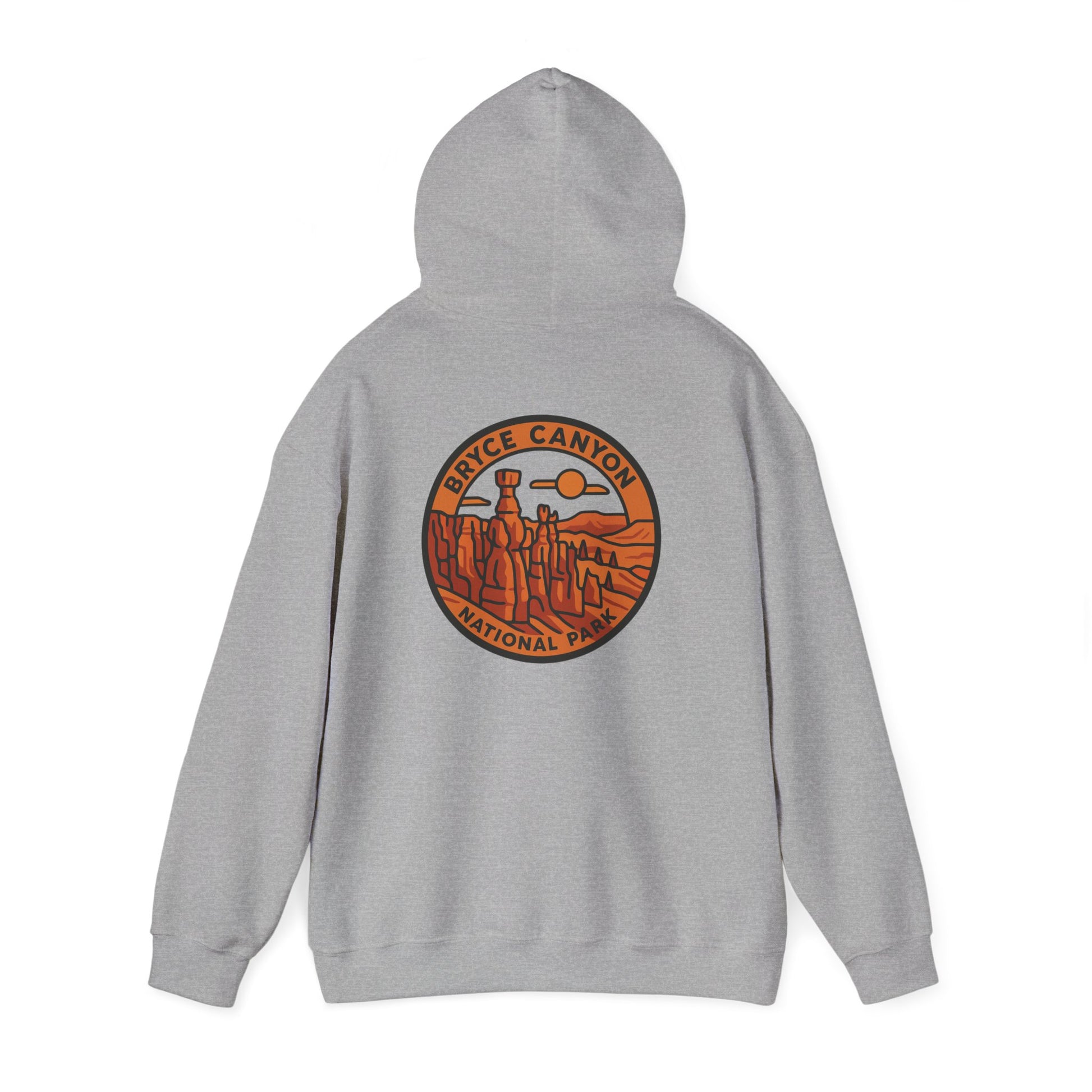 Gray hoodie with Bryce Canyon National Park logo on the back against a white background