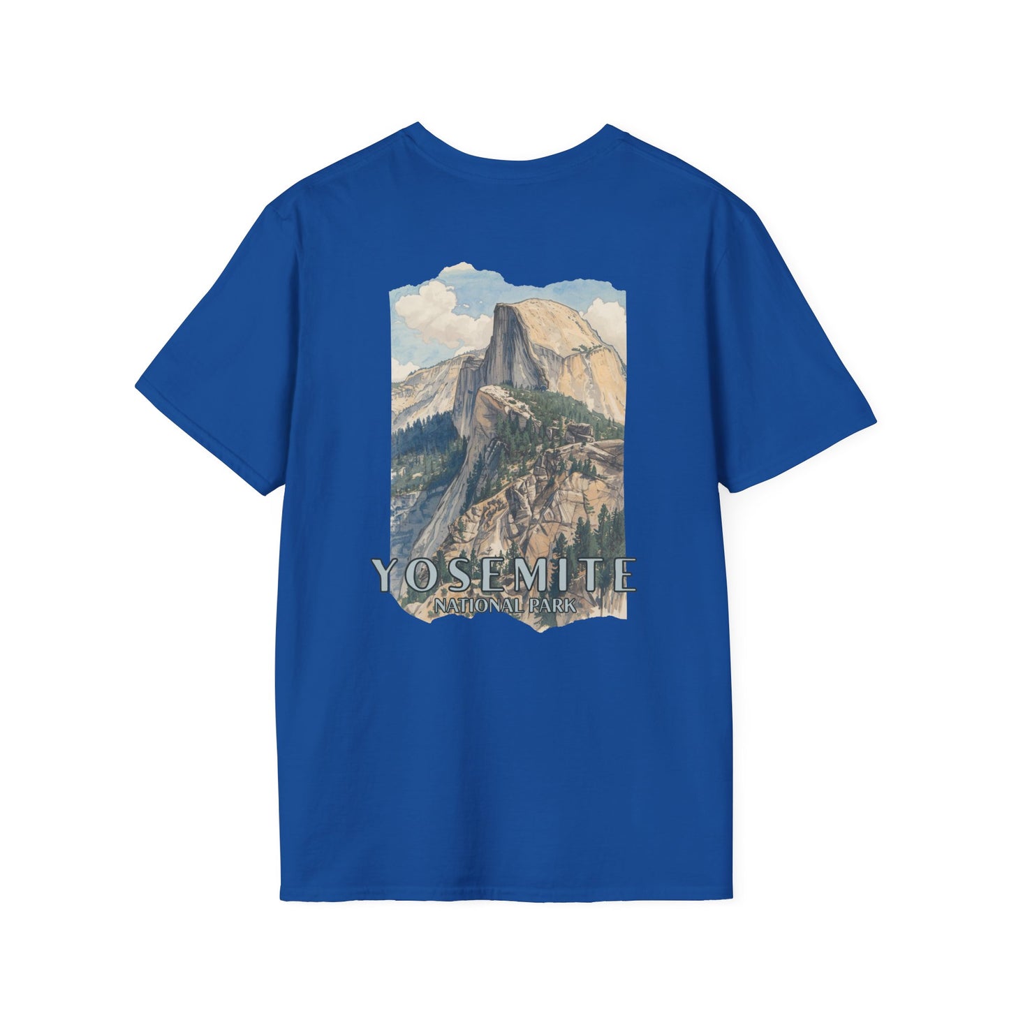 Blue t-shirt with Yosemite National Park graphic on a white background