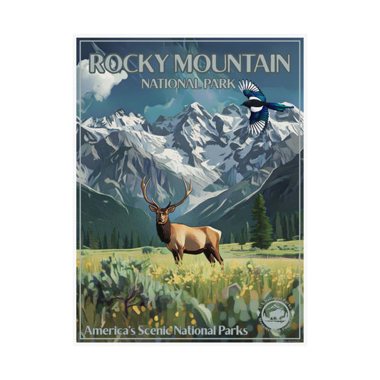 Poster of Rocky Mountain National Park with a elk and mountains in the background