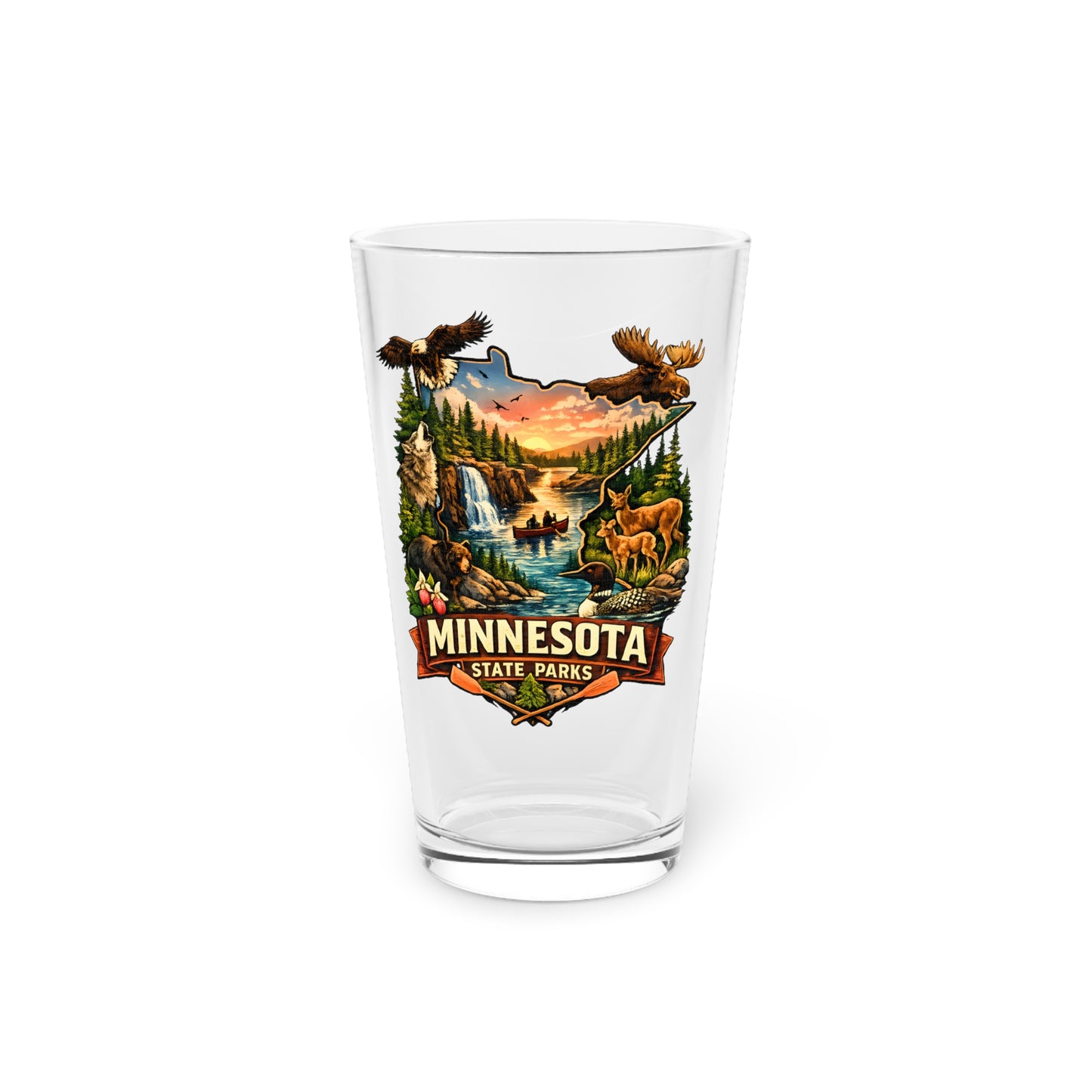 Clear glass with Minnesota State Parks design featuring nature scenes and animals on a white background