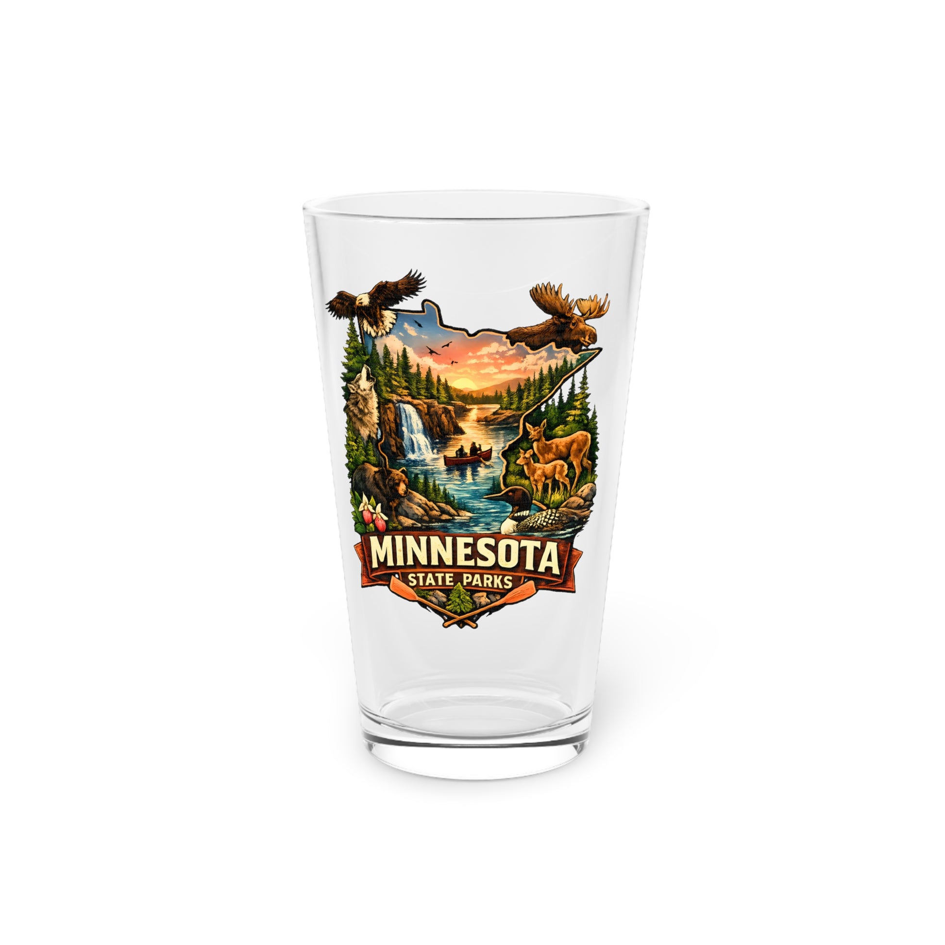 Clear glass with Minnesota State Parks design featuring nature scenes and animals on a white background