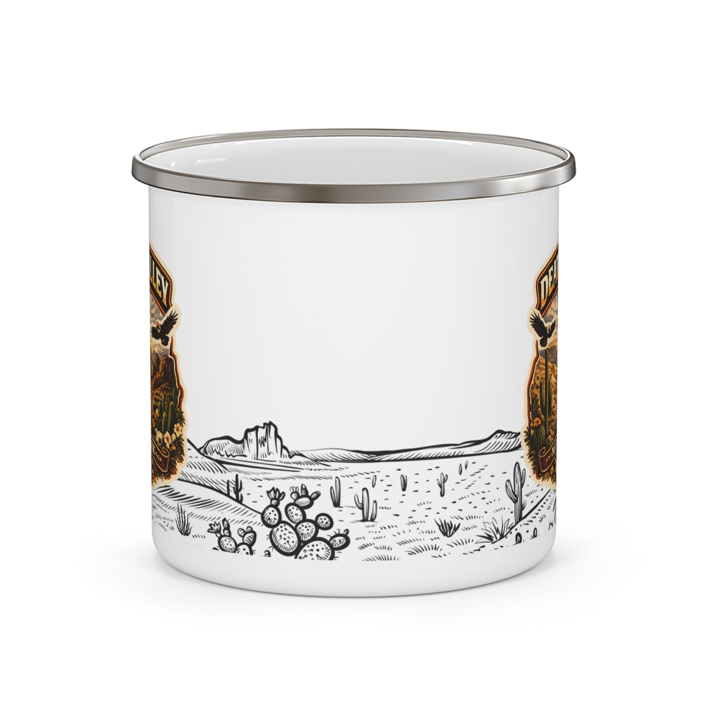 Enamel mug with desert landscape and cacti design on a white background
