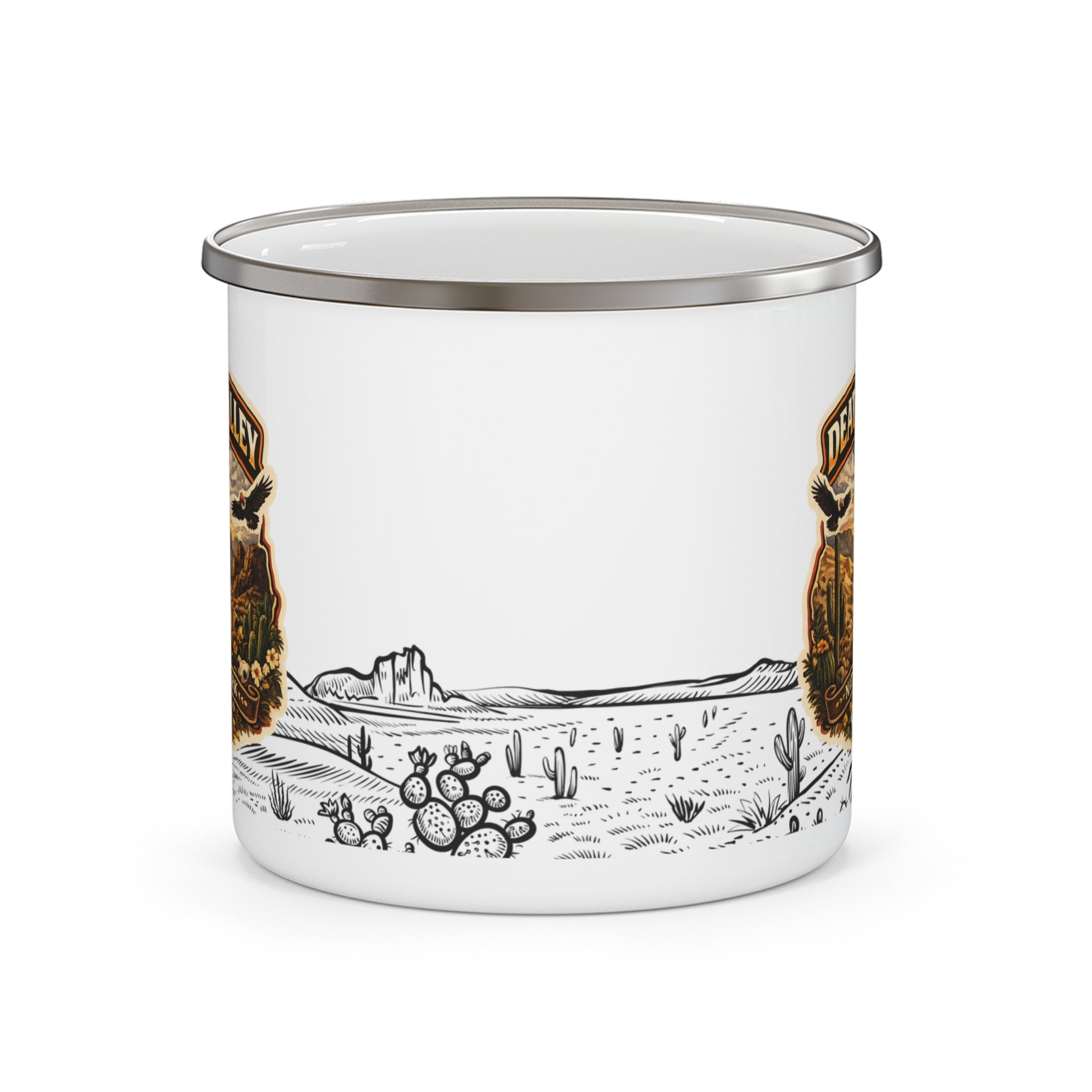 Enamel mug with desert landscape and cacti design on a white background