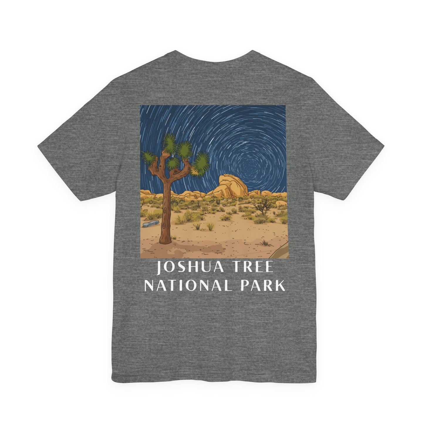 Gray t-shirt with a graphic of Joshua Tree National Park on a white background