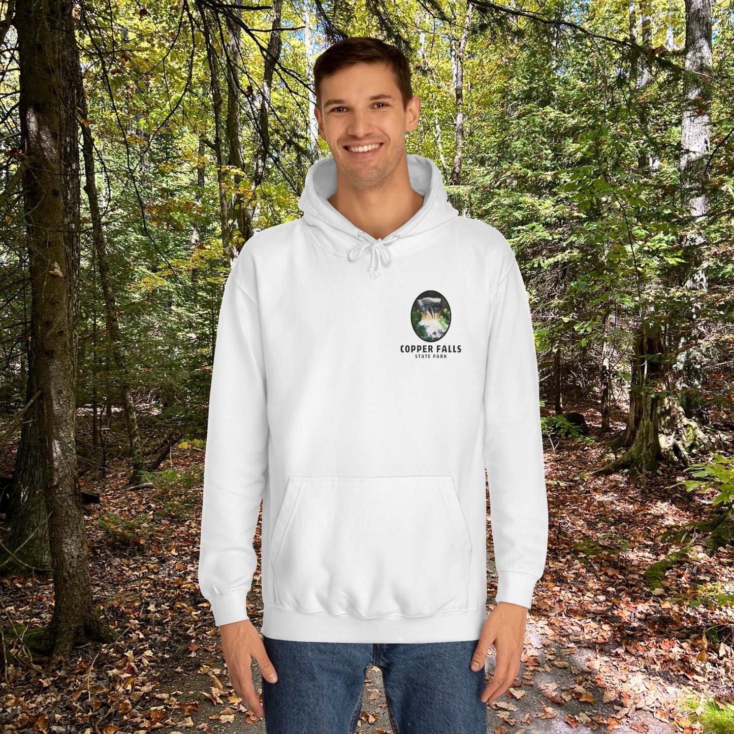 Copper falls sweatshirt front design in arctic white. 
