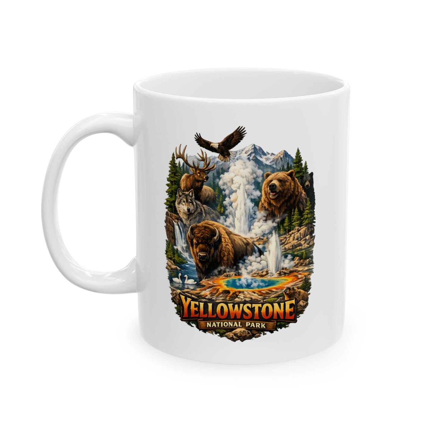 11oz White mug with Yellowstone National Park design featuring animals and landscape.