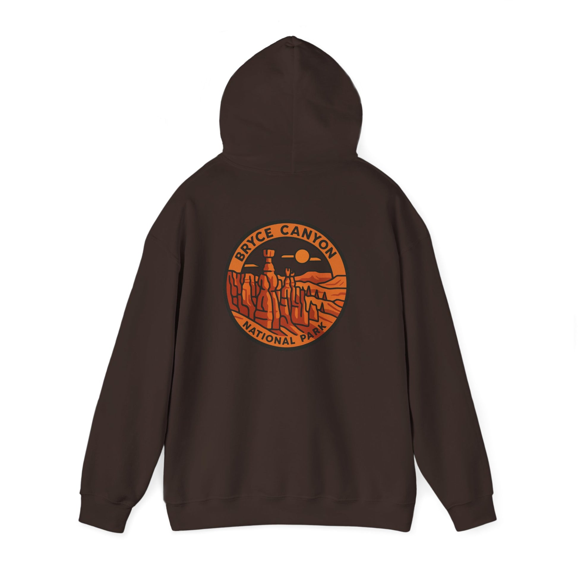 Brown hoodie with Bryce Canyon National Park logo on the back against a white background