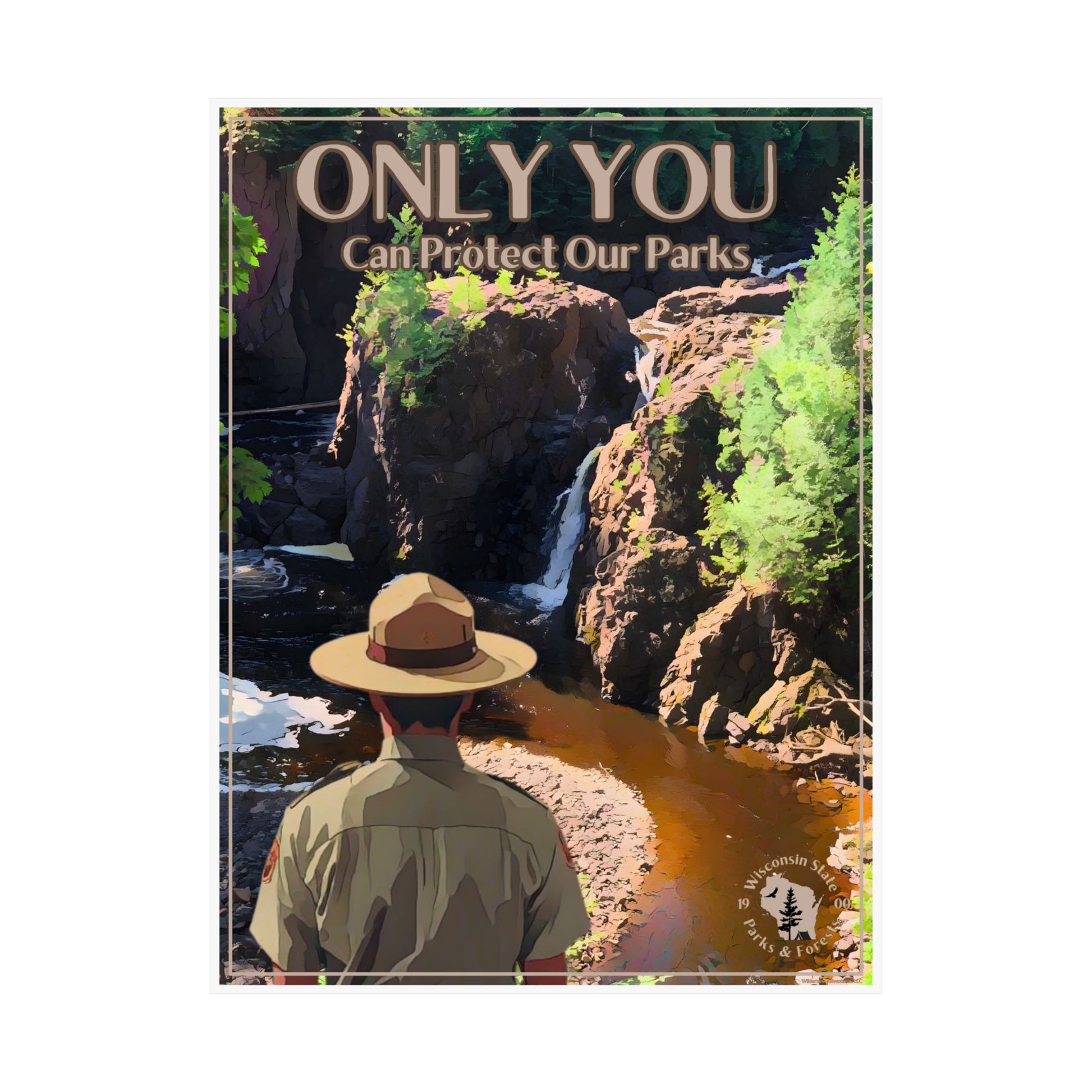 18 x 24” poster depicting a ranger overlooking copper Falls State Park on white background.