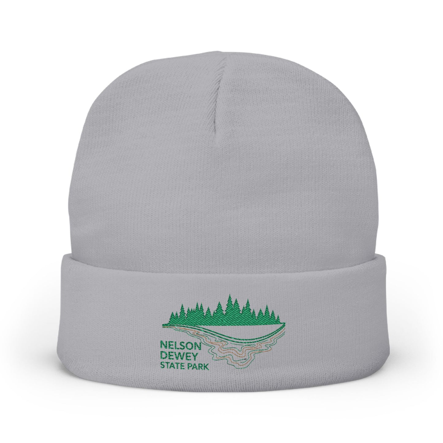 Gray beanie with green embroidered Nelson Dewey State Park design on a white background