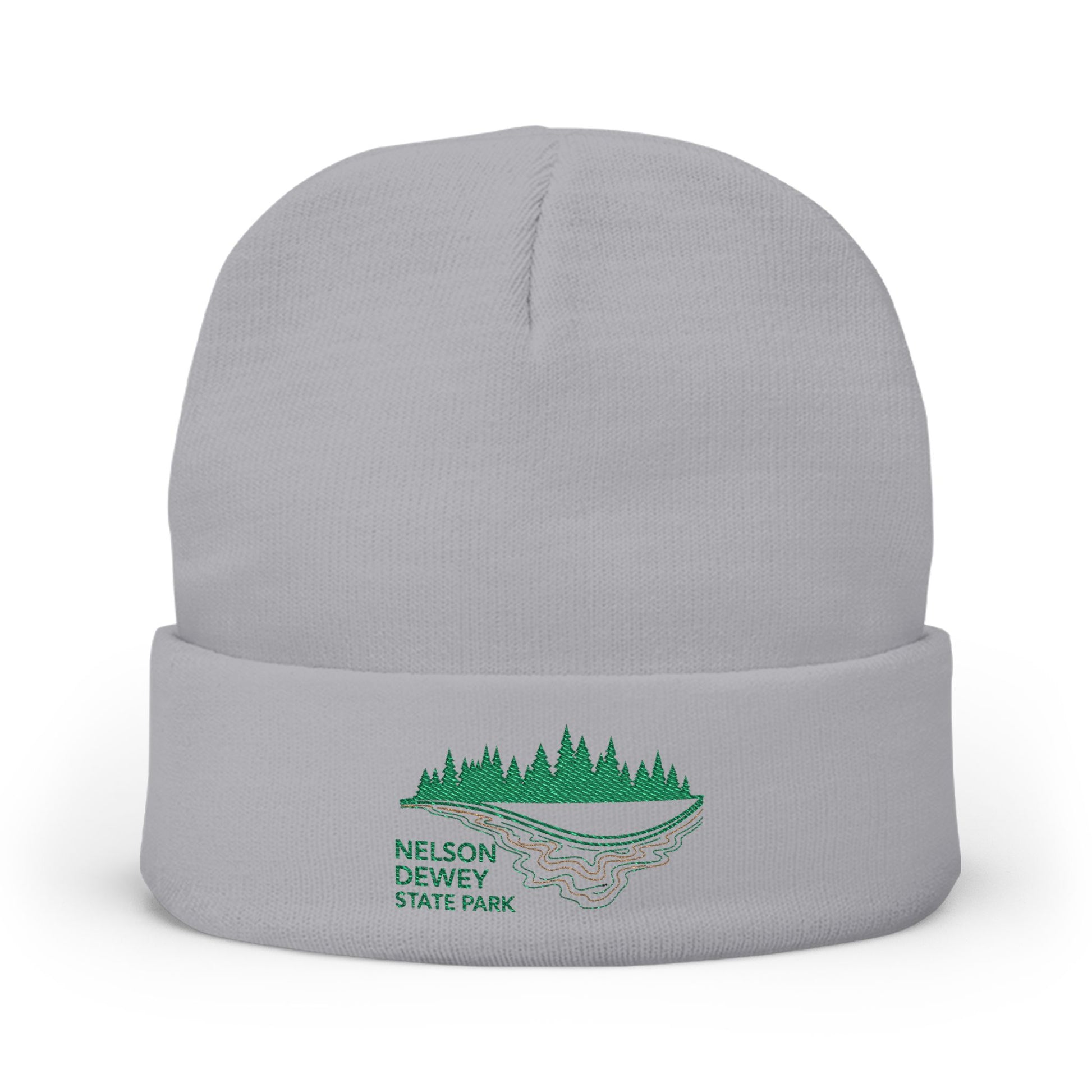 Gray beanie with green embroidered Nelson Dewey State Park design on a white background