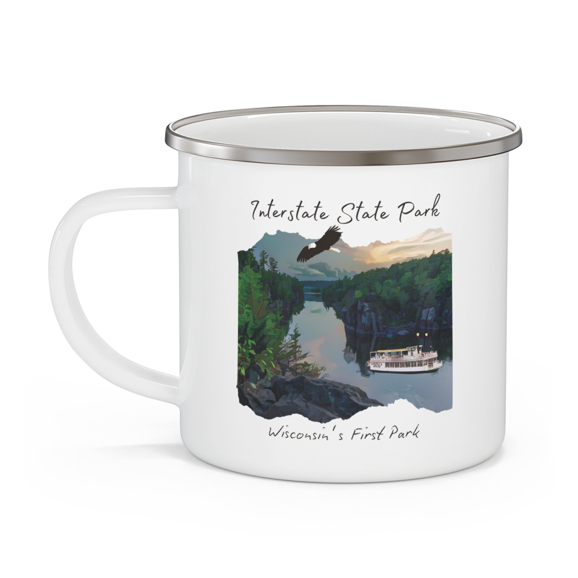White enamel mug depicting the St Croix River at sunset with an eagle flying above and a paddle wheel boat on the river.