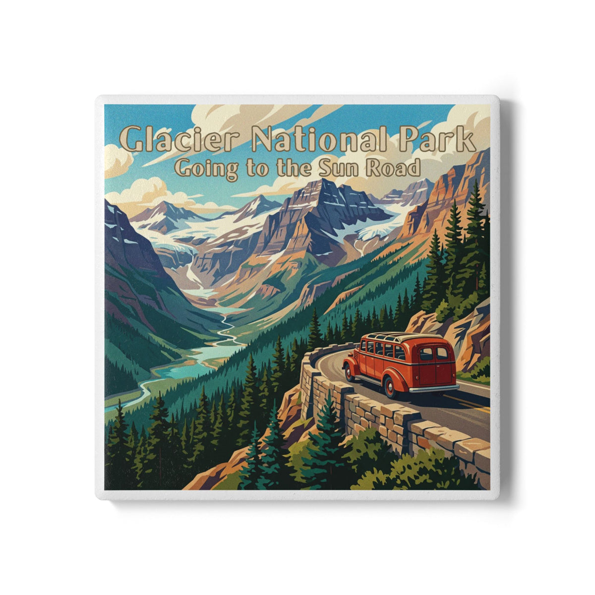 A square ceramic coaster featuring a retro-style travel design of Glacier National Park, with the text 'Glacier National Park Going to the Sun Road' and an illustration of a red vintage bus on a winding road through a mountain valley.