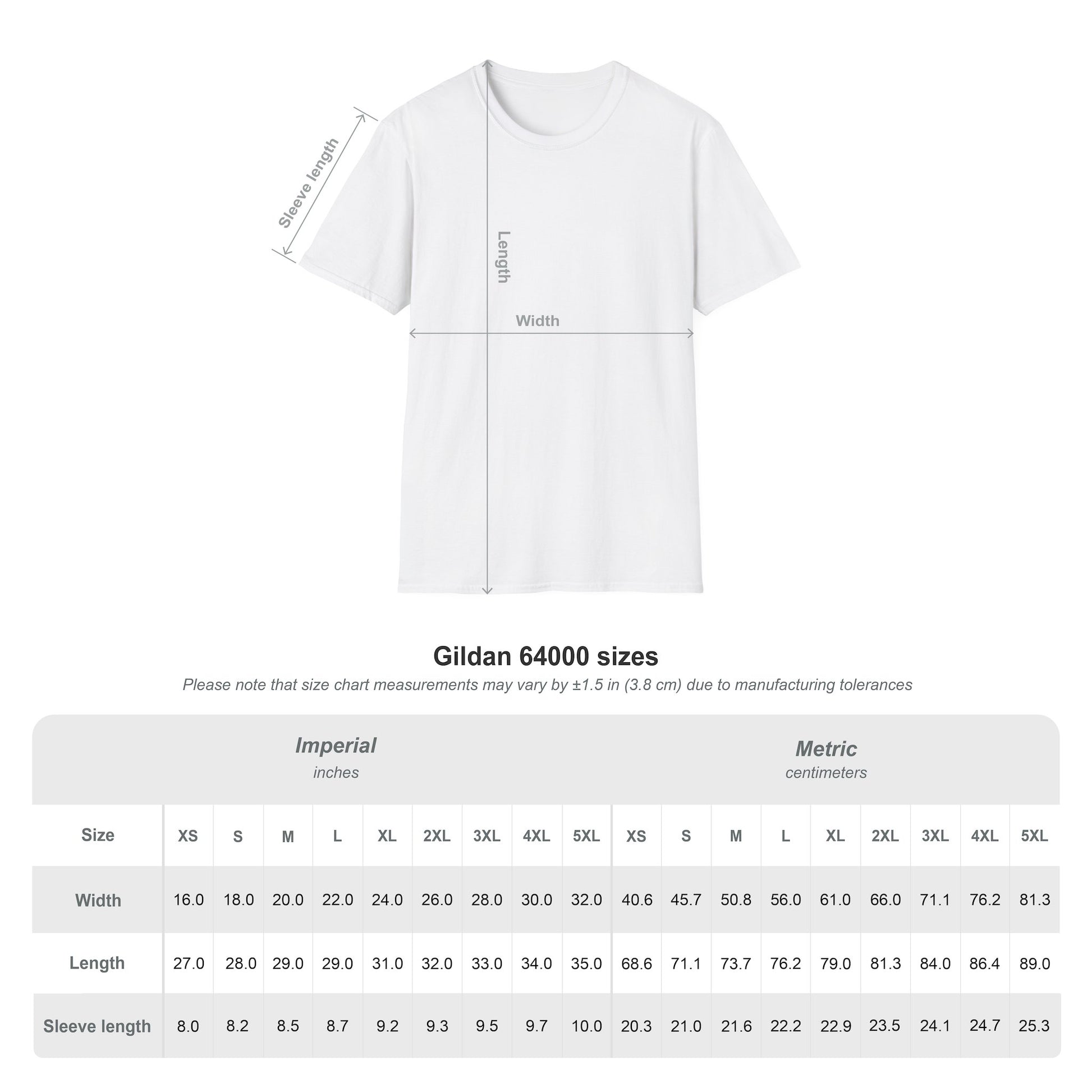 T-shirt size guide featuring measurements of the shirt for various sizes.