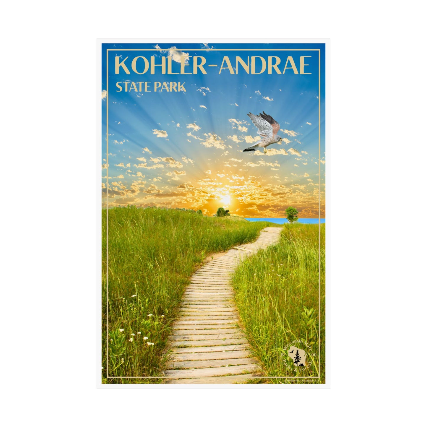 12x18” Poster featuring a vibrant sunrise over Lake Michigan and the Sand dunes of Kohler-Andrae State Park, with a Kestrel flying above.