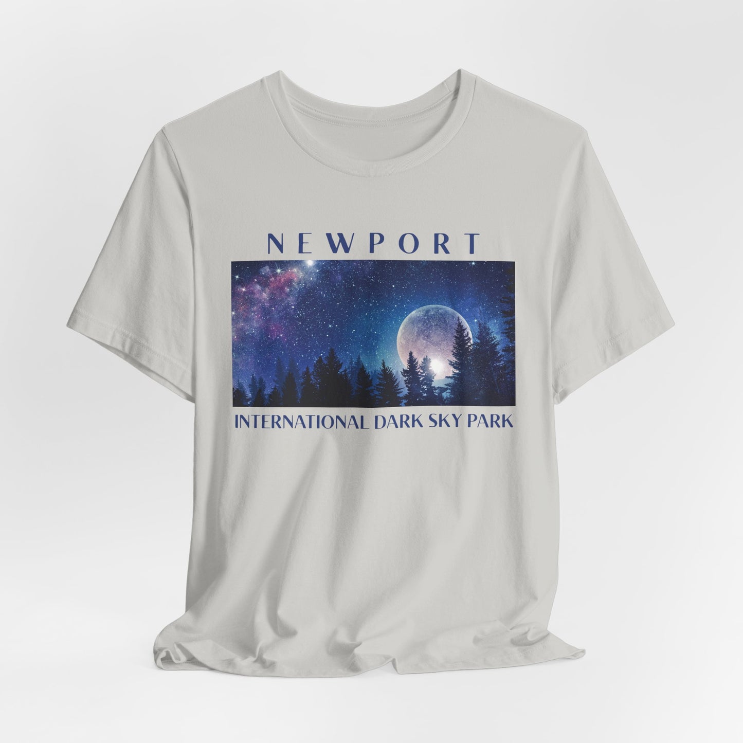Silver t-shirt with a graphic of a night sky over trees and 'Newport International Dark Sky Park' text.