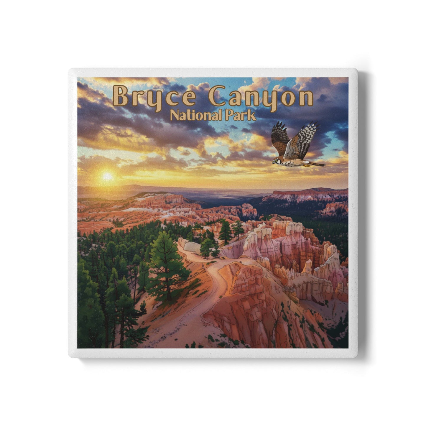 Ceramic coaster of Bryce Canyon National Park with a sunset and hawk, on a white background.