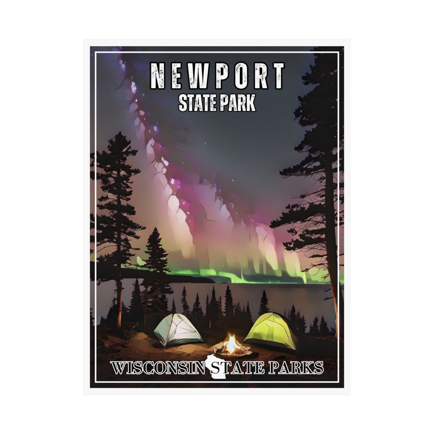 18x24” poster depicting tents along a lakeshore and northern lights in the night sky.