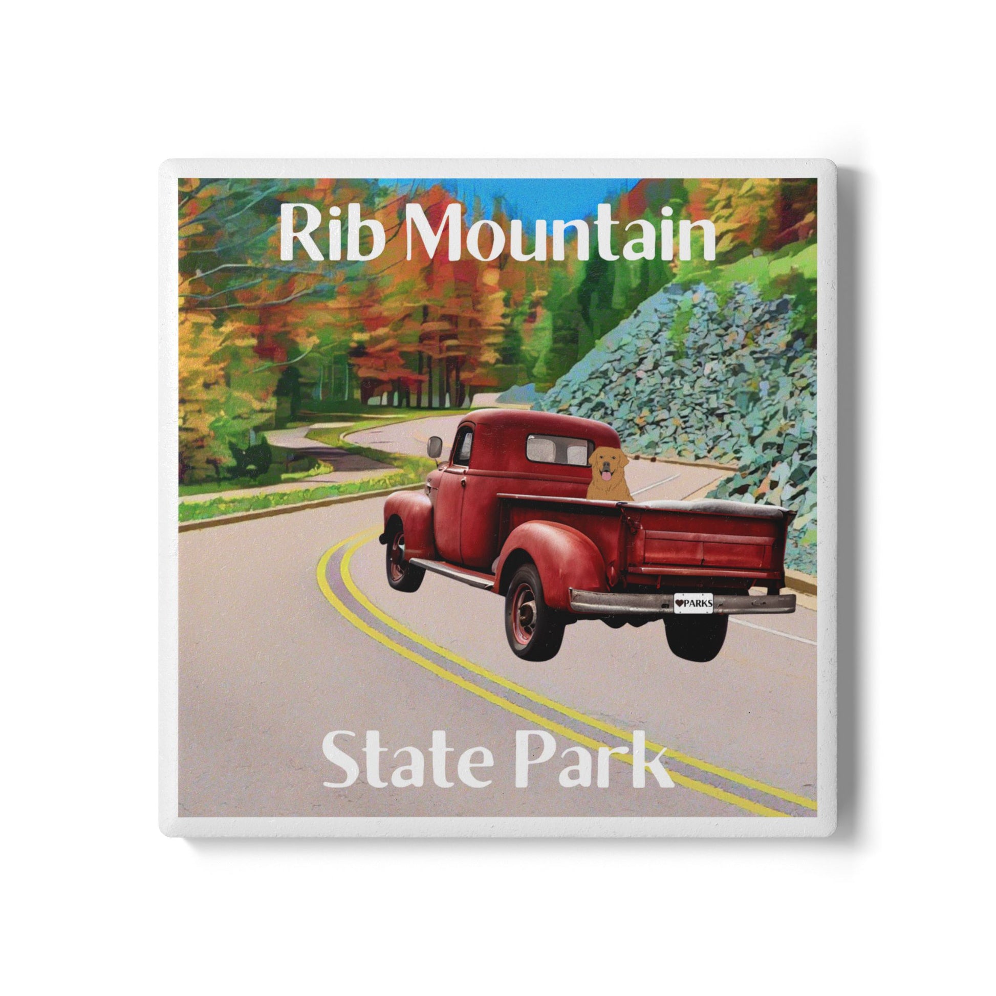 Ceramic Coaster featuring a vintage red truck driving down a road lined with trees in bright fall leaf color and the text: Rib Mountain State Park. 