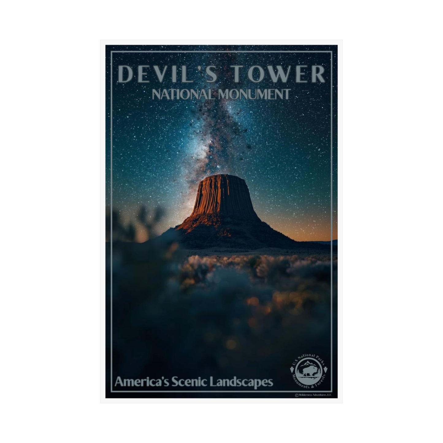 Devil's Tower Night Sky Poster featuring a vibrant night sky shot of the Milky Way galaxy over Devil’s tower.