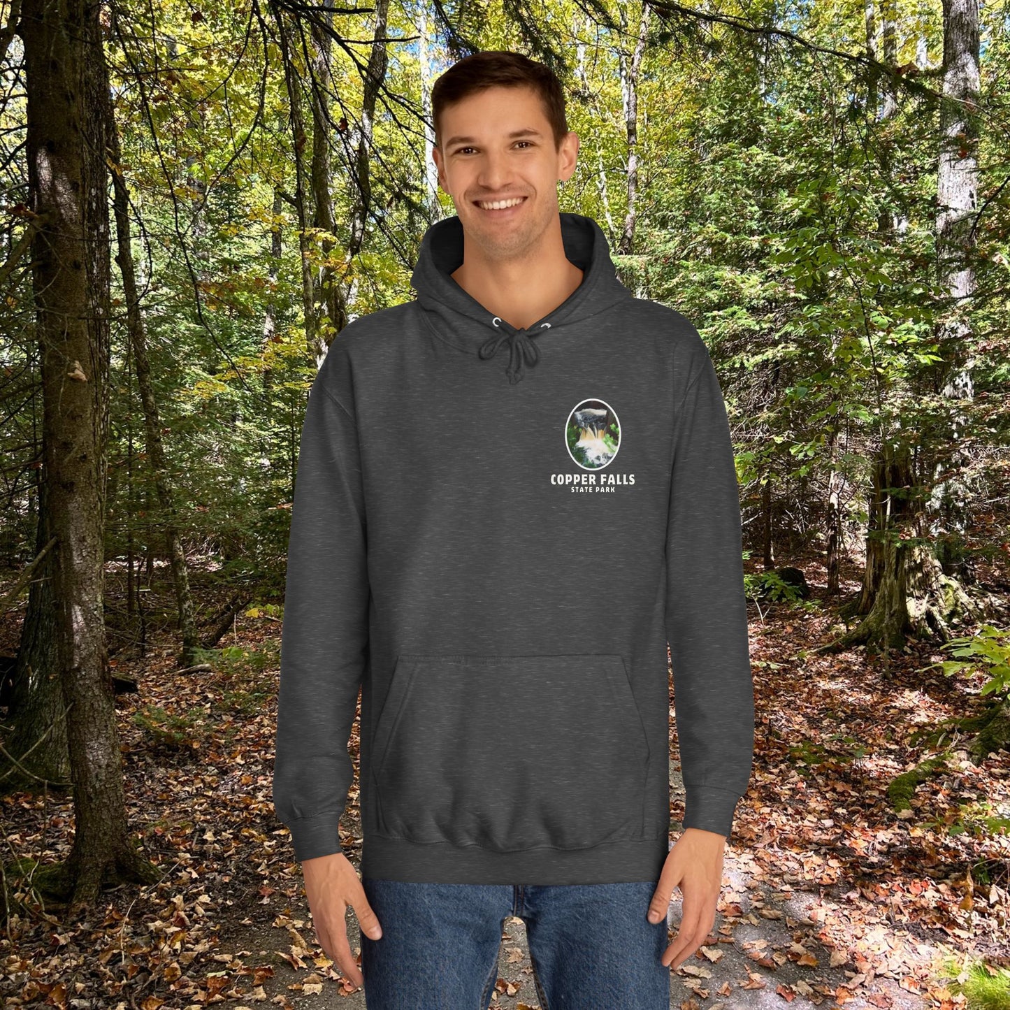 Copper falls sweatshirt front design in charcoal. 