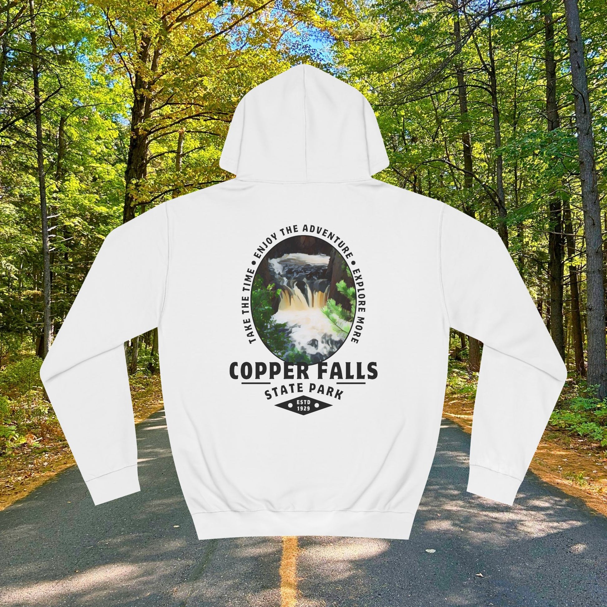 Copper falls sweatshirt back design in arctic white. 