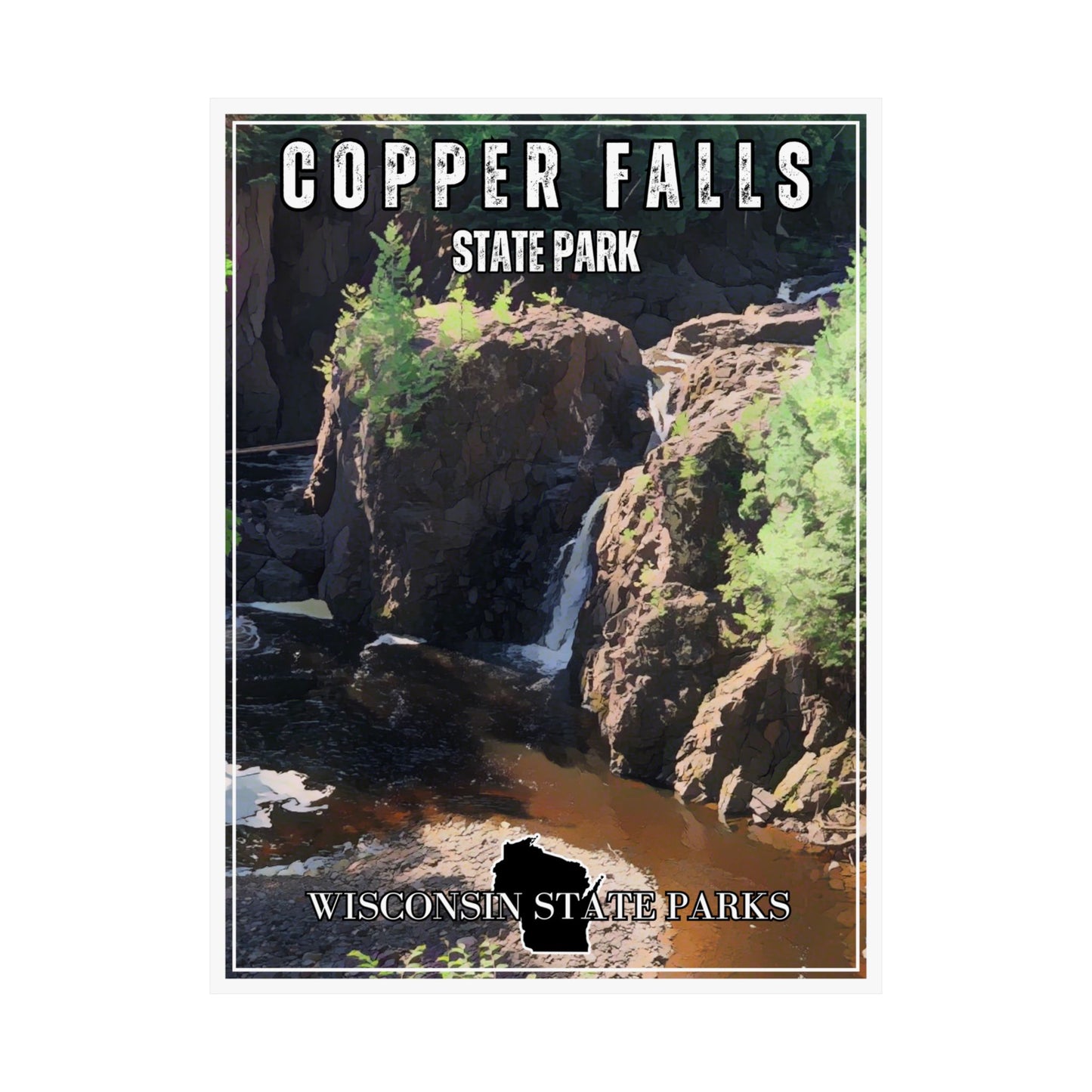 CCC inspired poster design of Copper Falls in Copper Falls State Park.