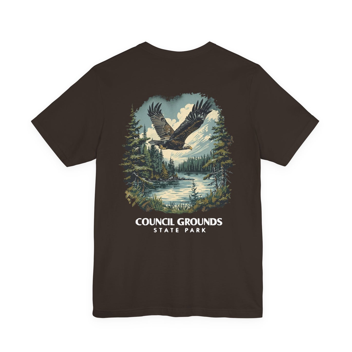 Black t-shirt with an eagle and forest design on the back, labeled 'Council Grounds State Park'.