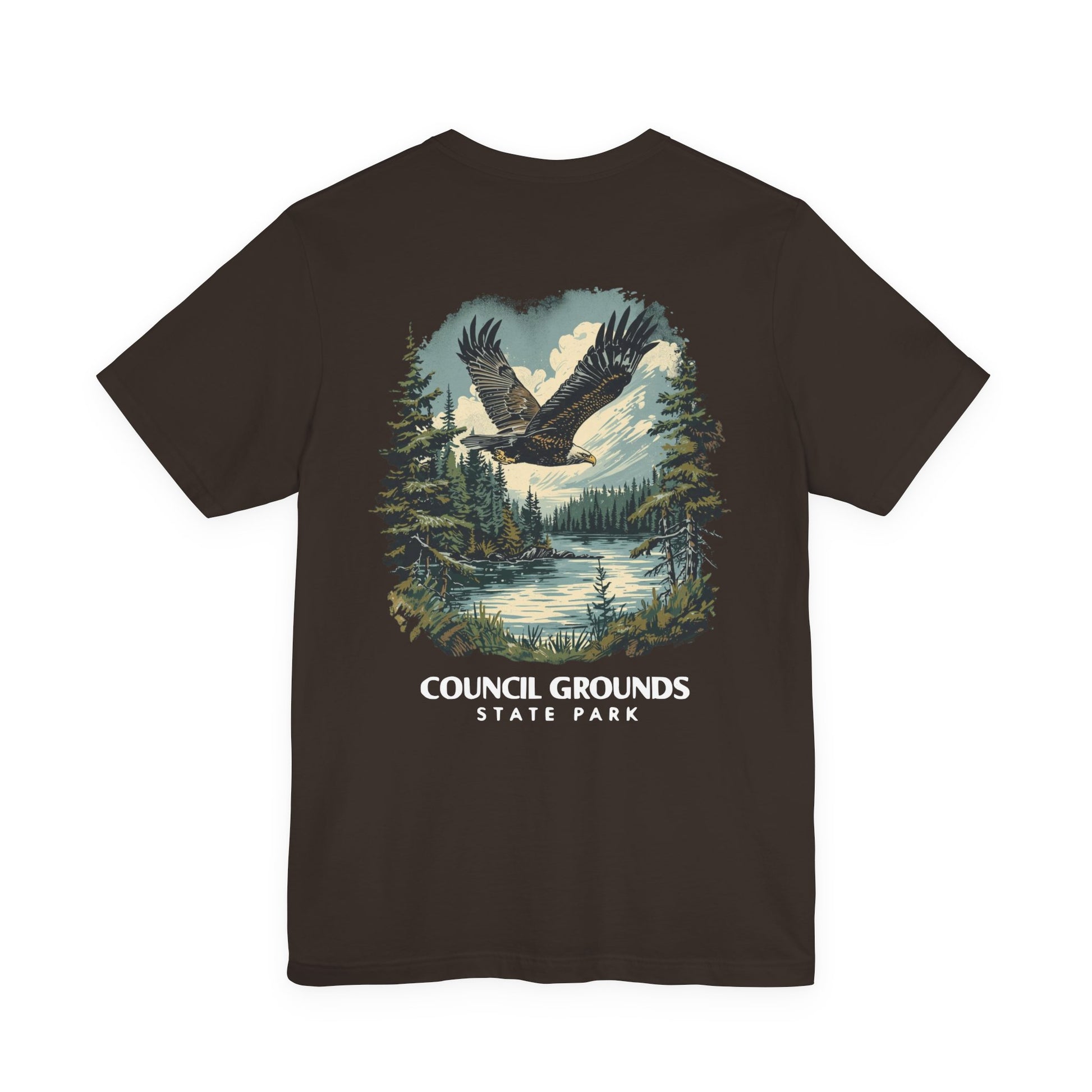 Black t-shirt with an eagle and forest design on the back, labeled 'Council Grounds State Park'.
