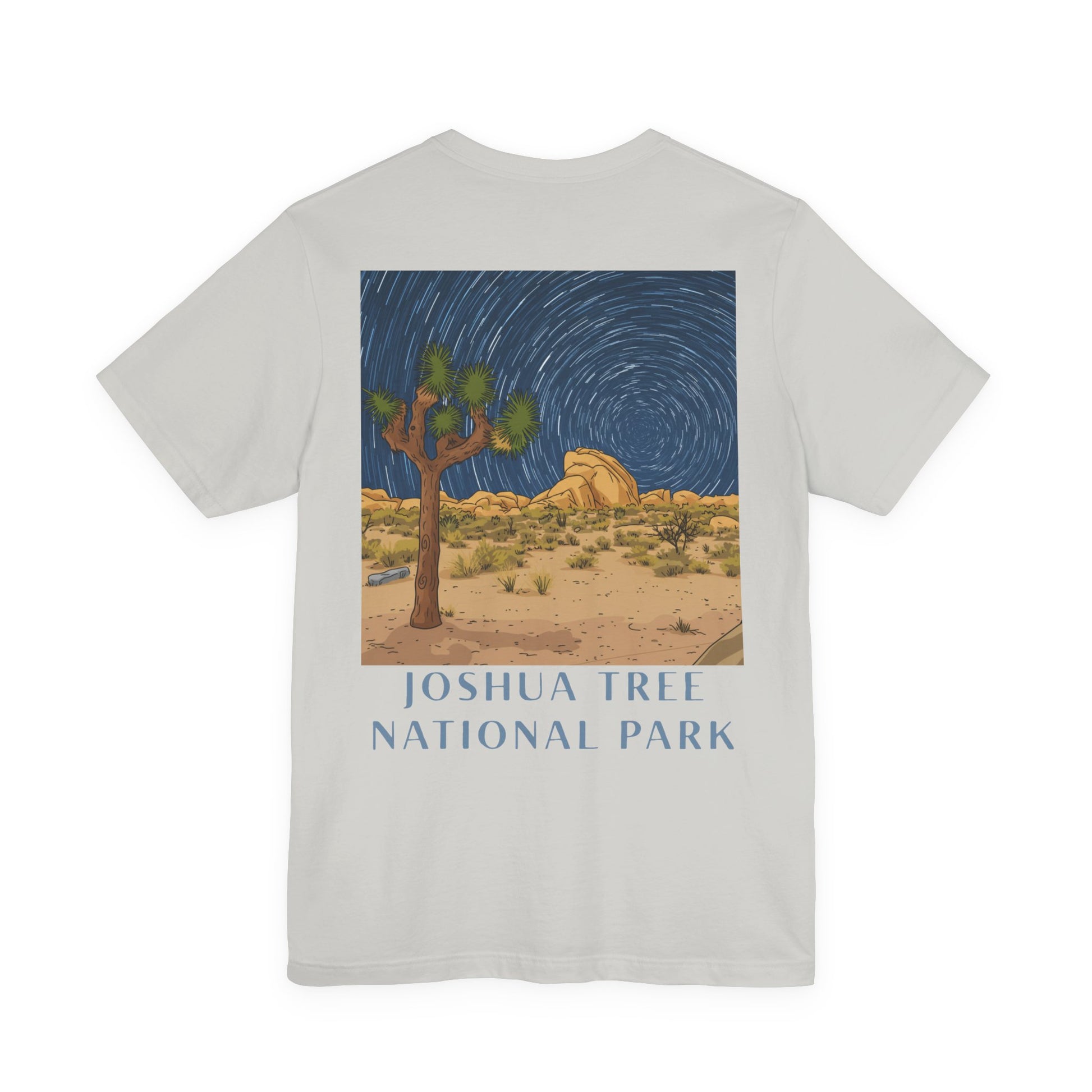 White t-shirt with a graphic of Joshua Tree National Park on a white background