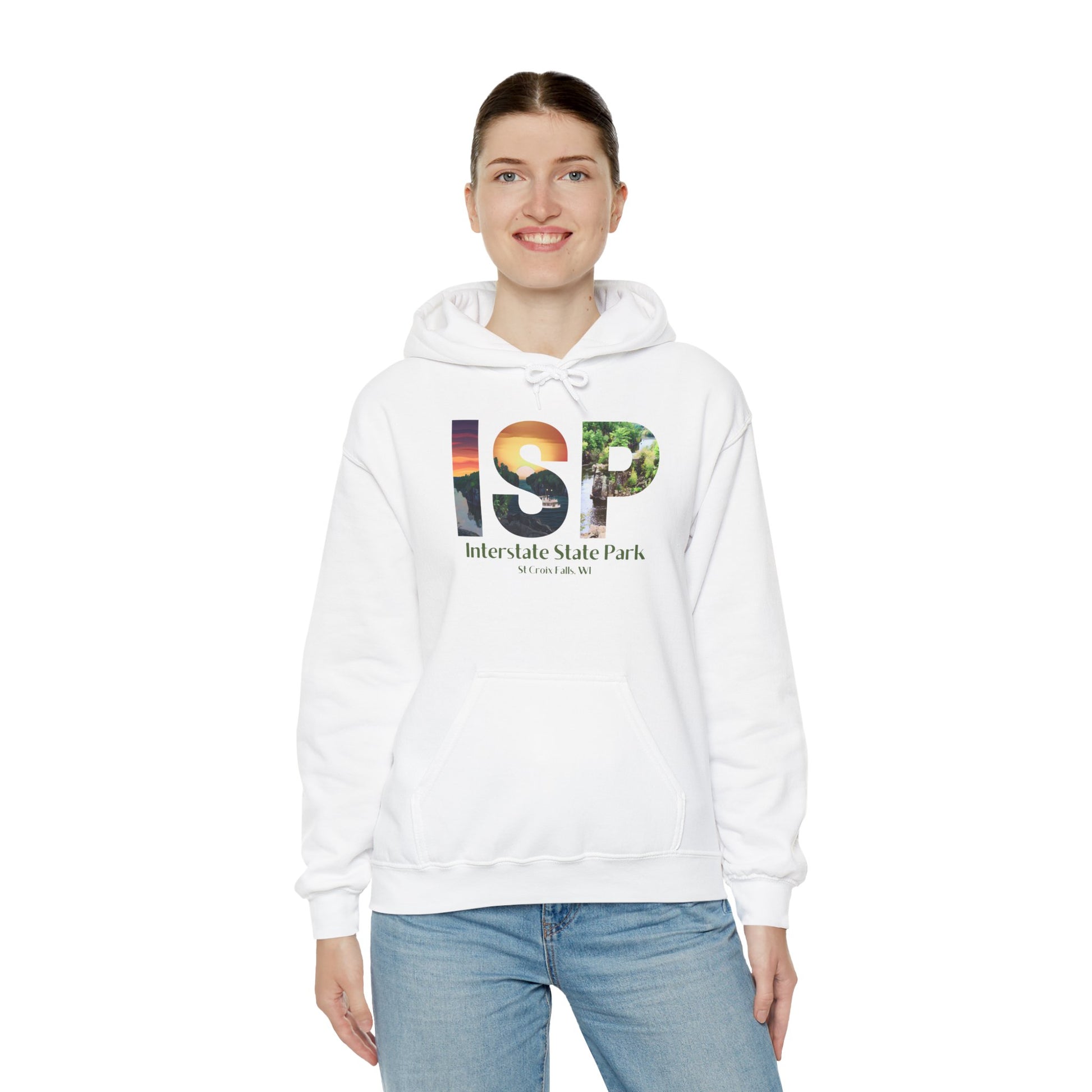 Female wearing a white colored hoodie featuring a ISP logo design with artistic prints and the text: Interstate State Park - St Croix Falls, WI”.  