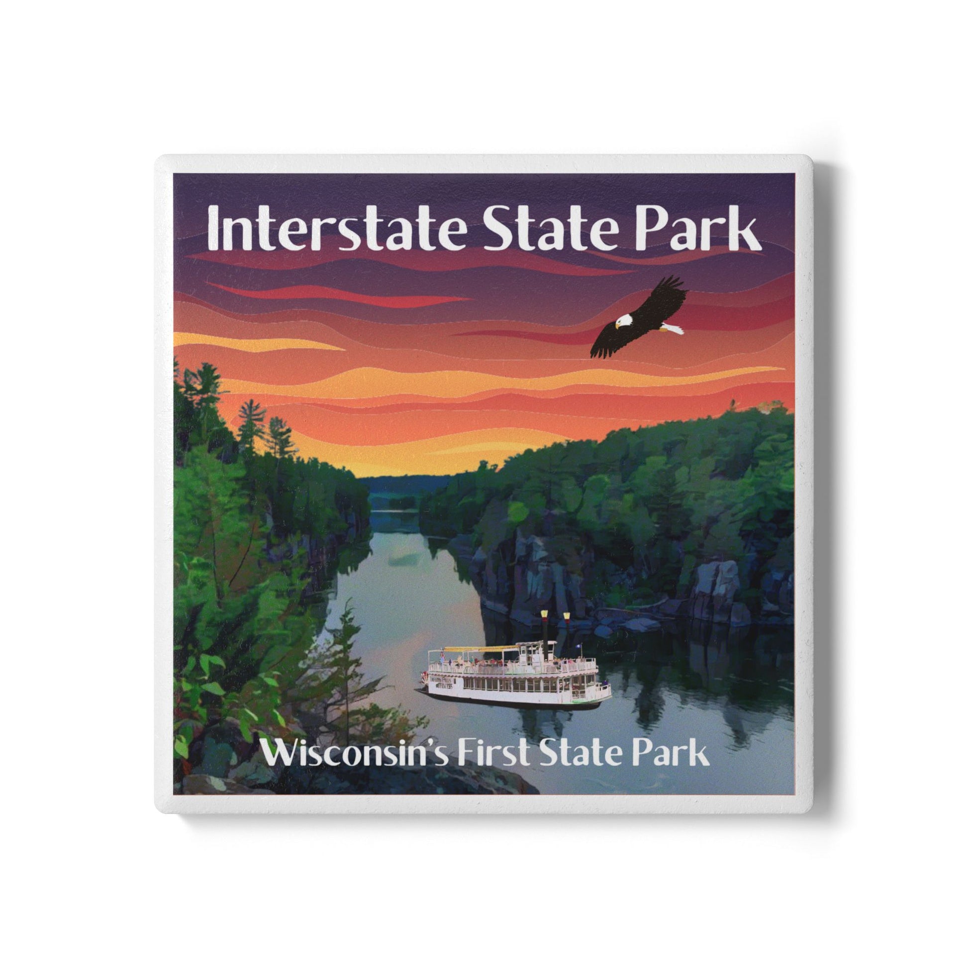 Ceramic coaster featuring a beautiful sunset over the St Croix with the text Interstate State Park. 