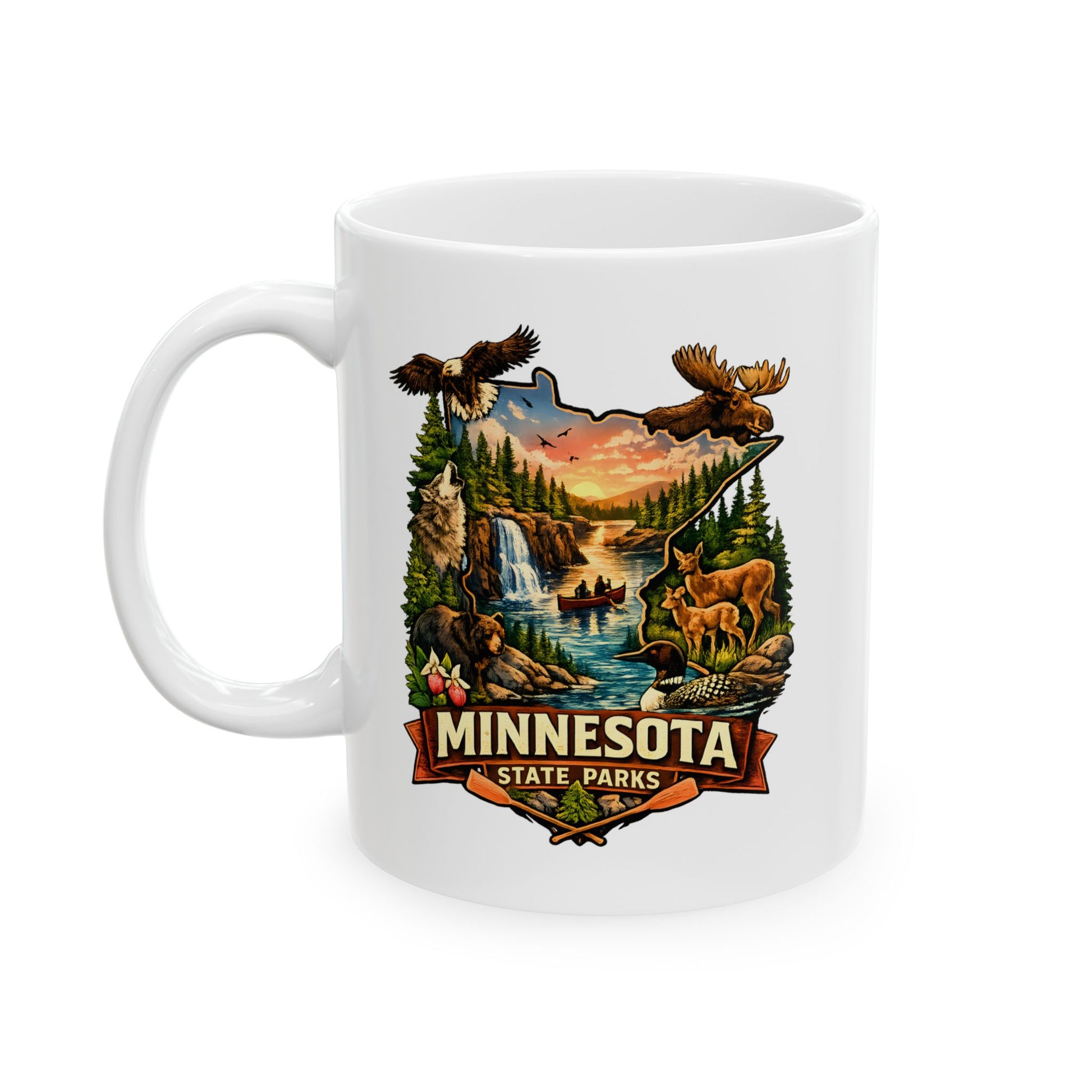 White mug with Minnesota State Parks design featuring nature elements on a white background