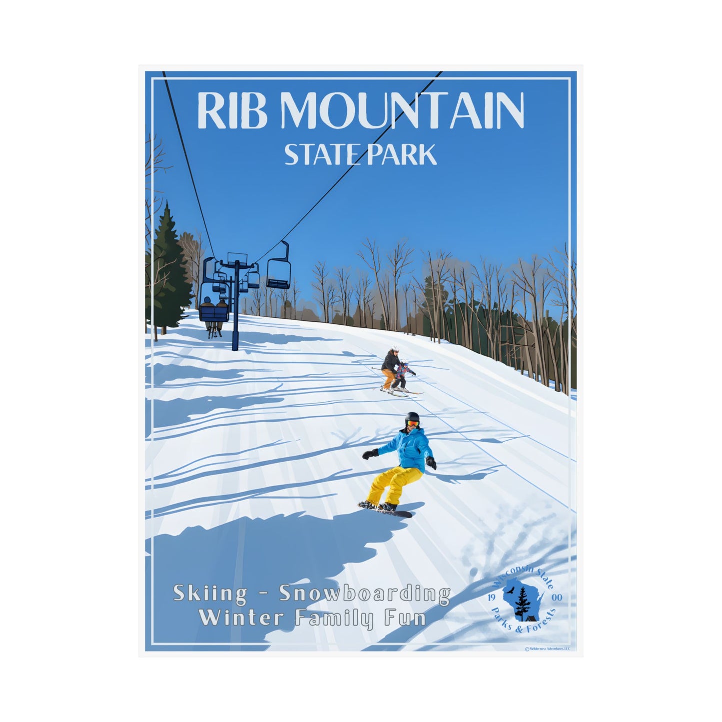 18x24” Poster for Rib Mountain State Park featuring skiing and snowboarding on a snowy slope.